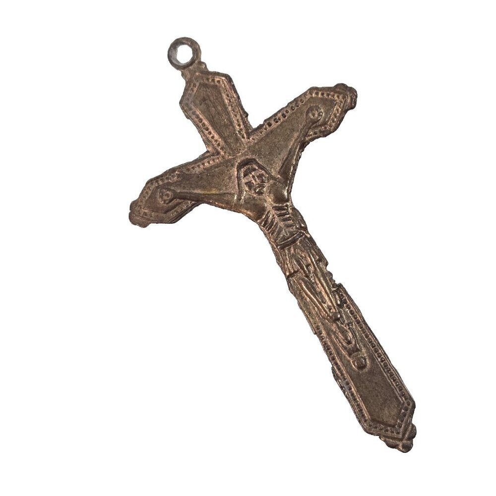Old Antique Crucifix Pendant Double Sided Flat Corpus Patina and Wear from Age